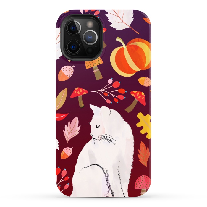 iPhone 12 Pro Max StrongFit White cat and autumn nature pattern by Oana 