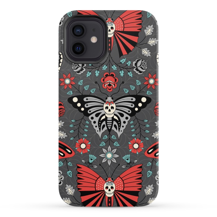 iPhone 12 StrongFit Gothic Halloween Skulls, Butterflies Flowers on a dark gray background by Portia Monberg