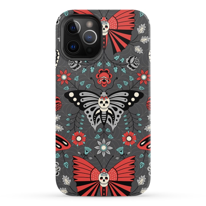 iPhone 12 Pro StrongFit Gothic Halloween Skulls, Butterflies Flowers on a dark gray background by Portia Monberg