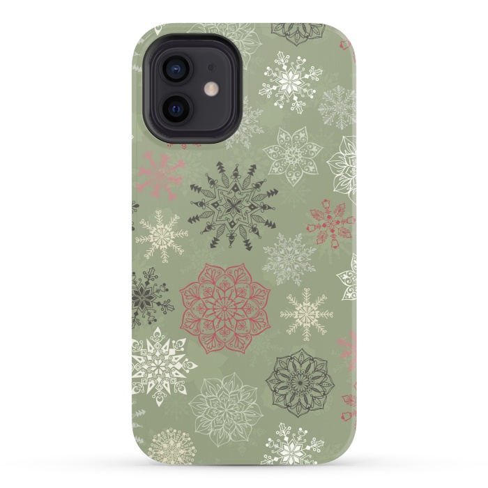 iPhone 12 StrongFit Christmas Snowflakes on Dark Green by Paula Ohreen