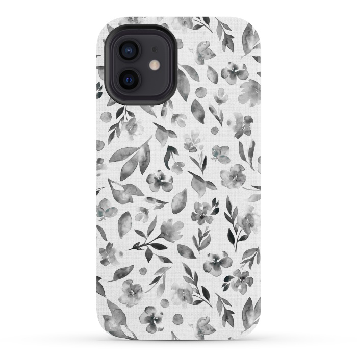 iPhone 12 StrongFit Watercolor Textured Floral Toss - Black and White by Paula Ohreen