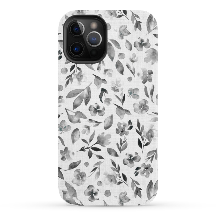 iPhone 12 Pro StrongFit Watercolor Textured Floral Toss - Black and White by Paula Ohreen
