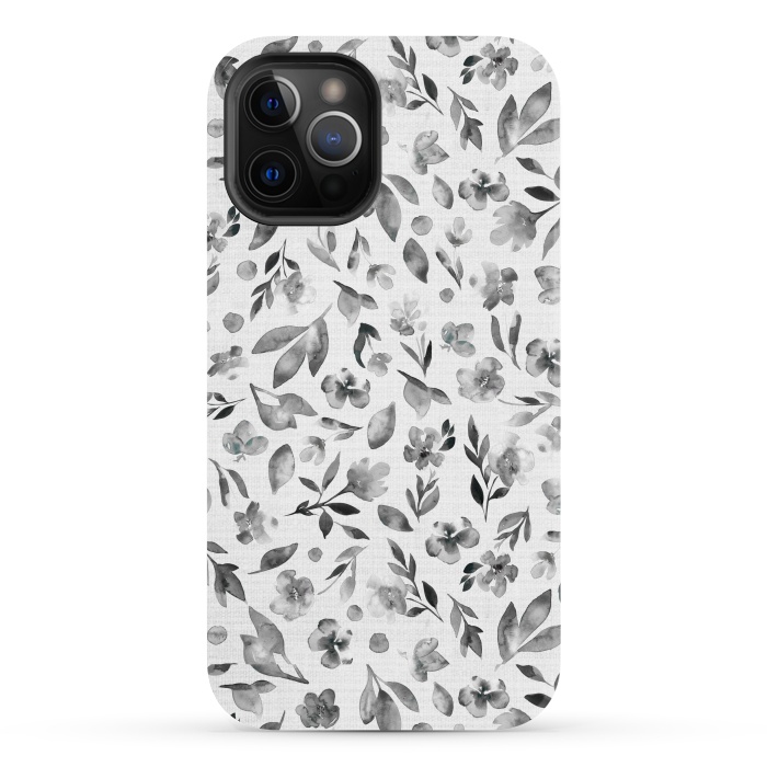 iPhone 12 Pro Max StrongFit Watercolor Textured Floral Toss - Black and White by Paula Ohreen