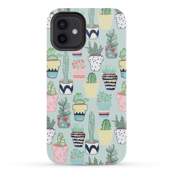 iPhone 12 mini StrongFit Cute Cacti In Pots on Mint Green by Tangerine-Tane
