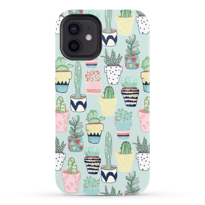 iPhone 12 StrongFit Cute Cacti In Pots on Mint Green by Tangerine-Tane