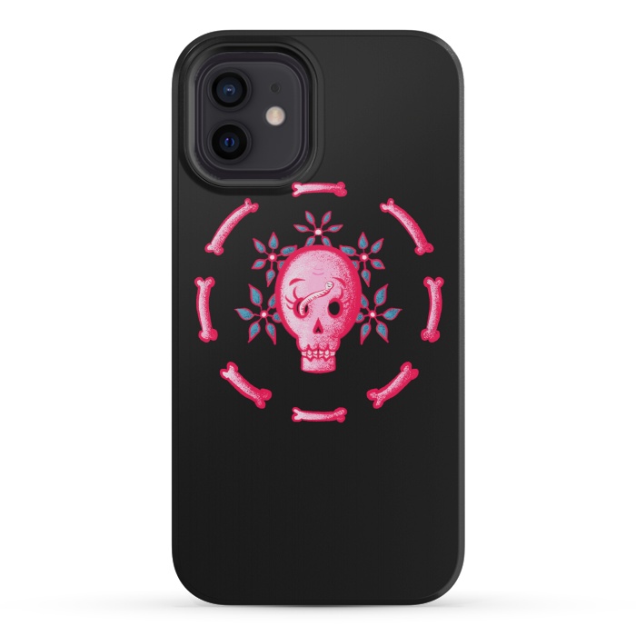 iPhone 12 mini StrongFit Funny Skull In Pink With Flowers And Bones by Boriana Giormova