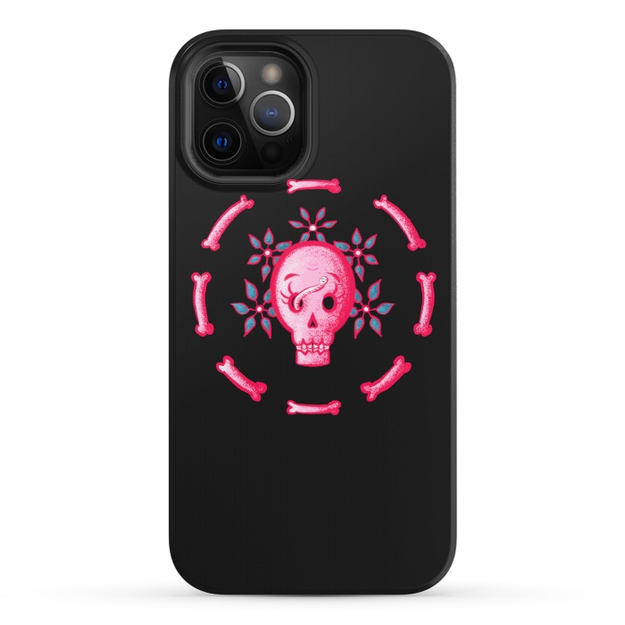 iPhone 12 Pro StrongFit Funny Skull In Pink With Flowers And Bones by Boriana Giormova