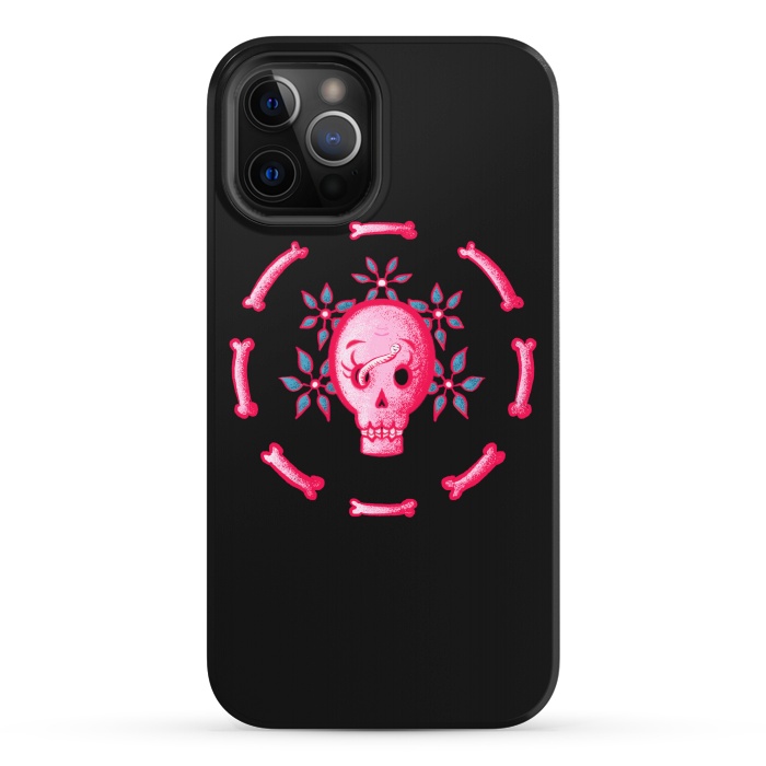 iPhone 12 Pro Max StrongFit Funny Skull In Pink With Flowers And Bones by Boriana Giormova