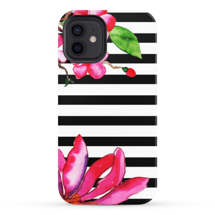 iPhone 12 StrongFit black white stripes floral pink pattern by MALLIKA