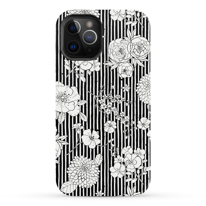 iPhone 12 Pro Max StrongFit Flowers and Stripes Black and White by Ninola Design