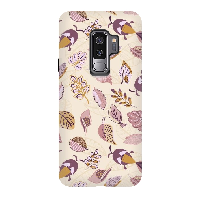 Galaxy S9 plus StrongFit Cute parrots in a fun tossed pattern with funky leaves in purple and mustard by Paula Ohreen