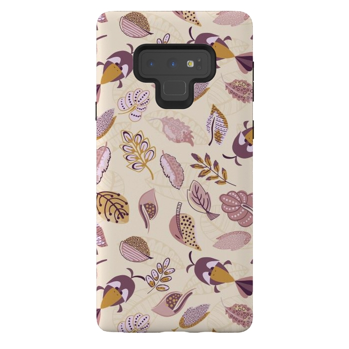 Galaxy Note 9 StrongFit Cute parrots in a fun tossed pattern with funky leaves in purple and mustard by Paula Ohreen
