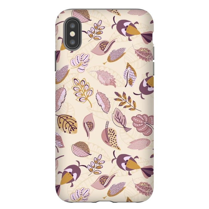 iPhone Xs Max StrongFit Cute parrots in a fun tossed pattern with funky leaves in purple and mustard by Paula Ohreen