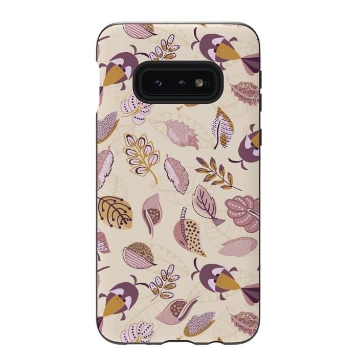 Galaxy S10e StrongFit Cute parrots in a fun tossed pattern with funky leaves in purple and mustard by Paula Ohreen