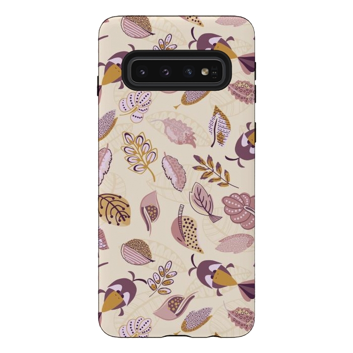 Galaxy S10 StrongFit Cute parrots in a fun tossed pattern with funky leaves in purple and mustard by Paula Ohreen