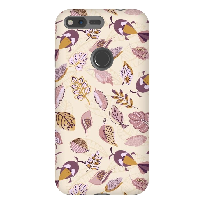 Pixel XL StrongFit Cute parrots in a fun tossed pattern with funky leaves in purple and mustard by Paula Ohreen
