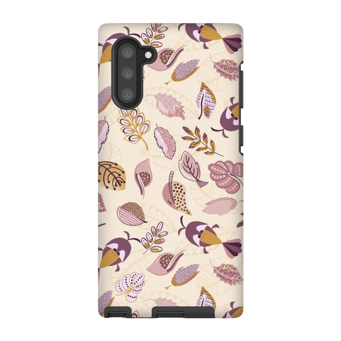 Galaxy Note 10 StrongFit Cute parrots in a fun tossed pattern with funky leaves in purple and mustard by Paula Ohreen
