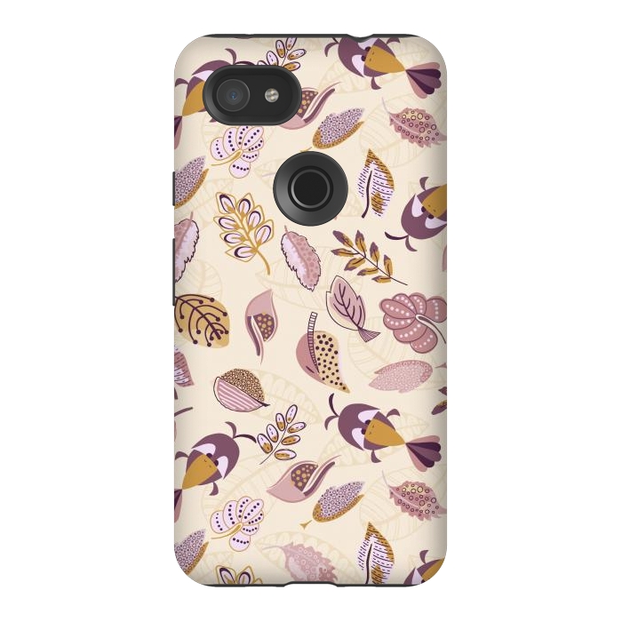 Pixel 3AXL StrongFit Cute parrots in a fun tossed pattern with funky leaves in purple and mustard by Paula Ohreen