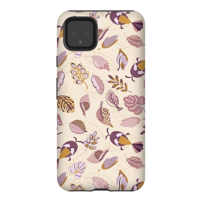 Pixel 4XL StrongFit Cute parrots in a fun tossed pattern with funky leaves in purple and mustard by Paula Ohreen