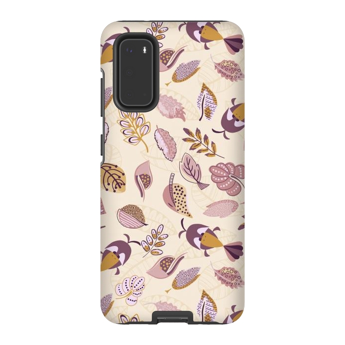 Galaxy S20 StrongFit Cute parrots in a fun tossed pattern with funky leaves in purple and mustard by Paula Ohreen