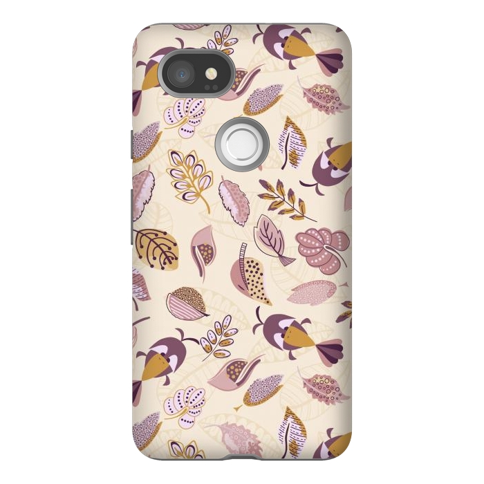 Pixel 2XL StrongFit Cute parrots in a fun tossed pattern with funky leaves in purple and mustard by Paula Ohreen