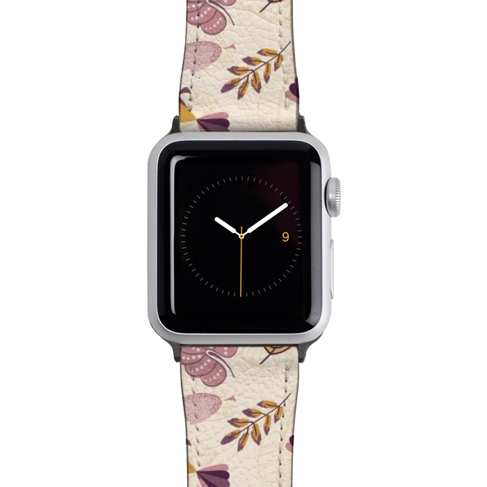 Watch 42mm / 44mm Strap PU leather Cute parrots in a fun tossed pattern with funky leaves in purple and mustard by Paula Ohreen