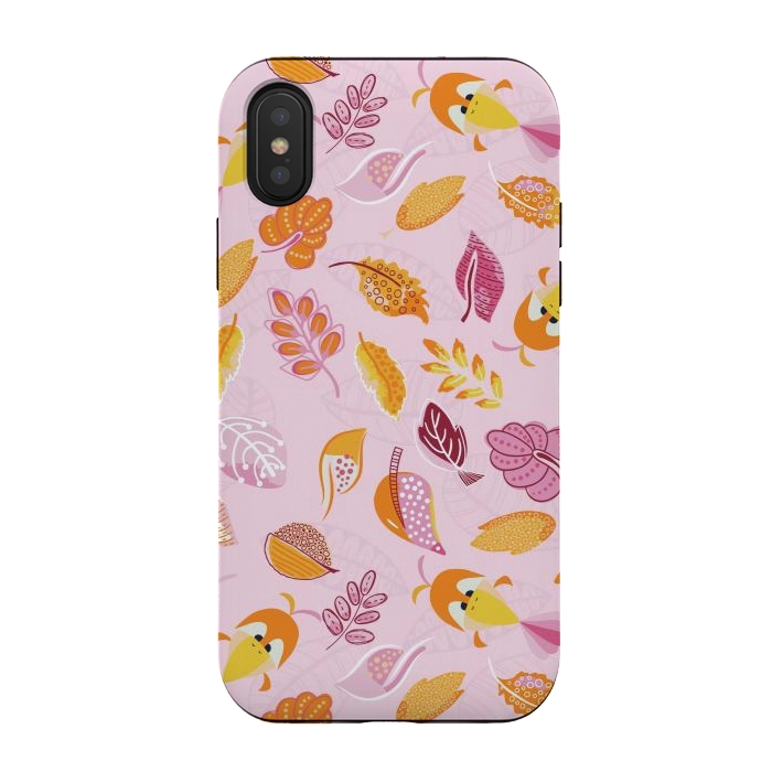 iPhone Xs / X StrongFit Cute parrots in a fun tossed pattern with funky leaves in pink and orange by Paula Ohreen