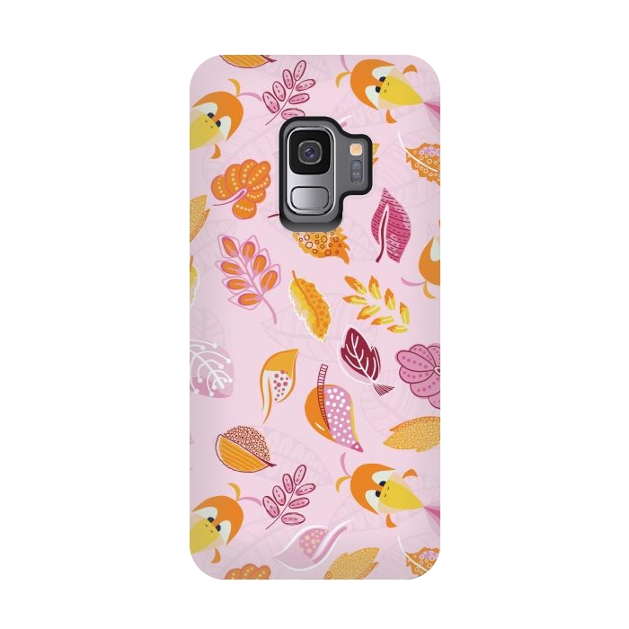 Galaxy S9 StrongFit Cute parrots in a fun tossed pattern with funky leaves in pink and orange by Paula Ohreen