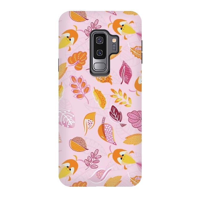 Galaxy S9 plus StrongFit Cute parrots in a fun tossed pattern with funky leaves in pink and orange by Paula Ohreen