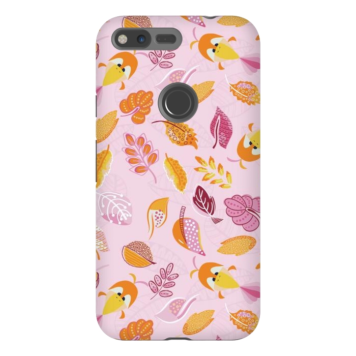Pixel XL StrongFit Cute parrots in a fun tossed pattern with funky leaves in pink and orange by Paula Ohreen