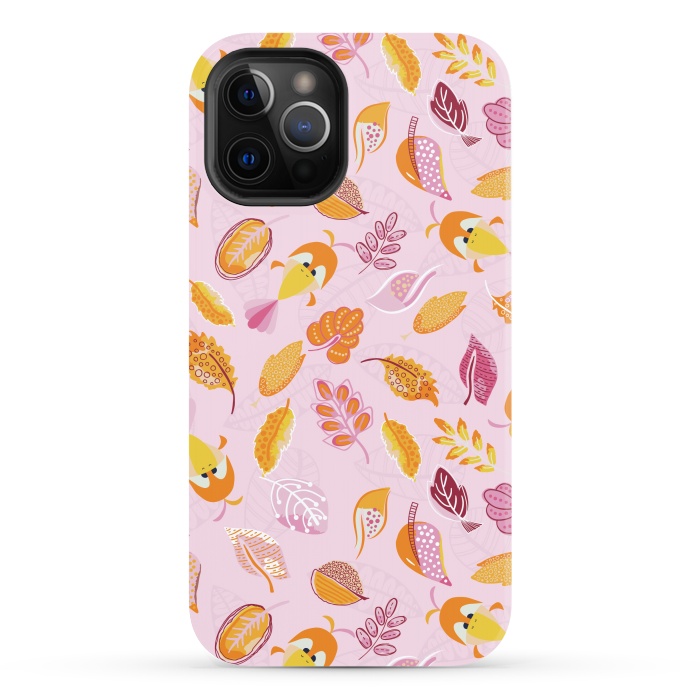 iPhone 12 Pro Max StrongFit Cute parrots in a fun tossed pattern with funky leaves in pink and orange by Paula Ohreen