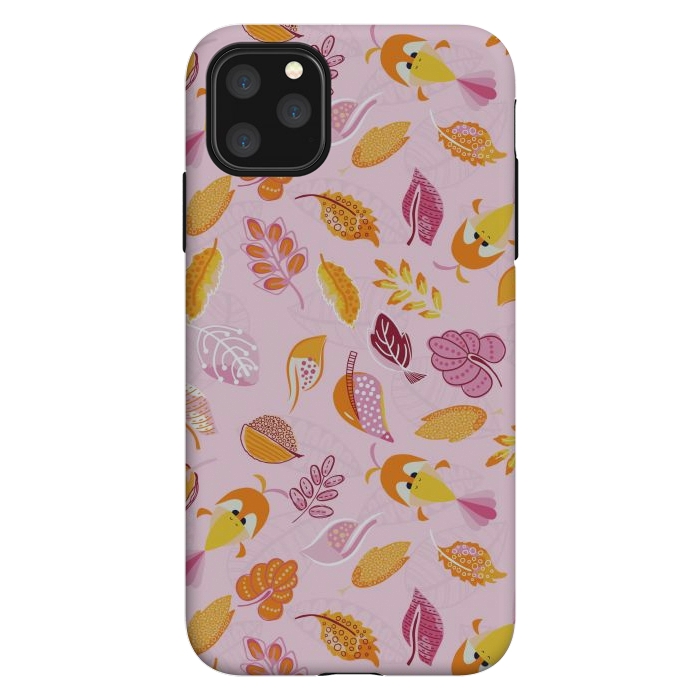 iPhone 11 Pro Max StrongFit Cute parrots in a fun tossed pattern with funky leaves in pink and orange by Paula Ohreen