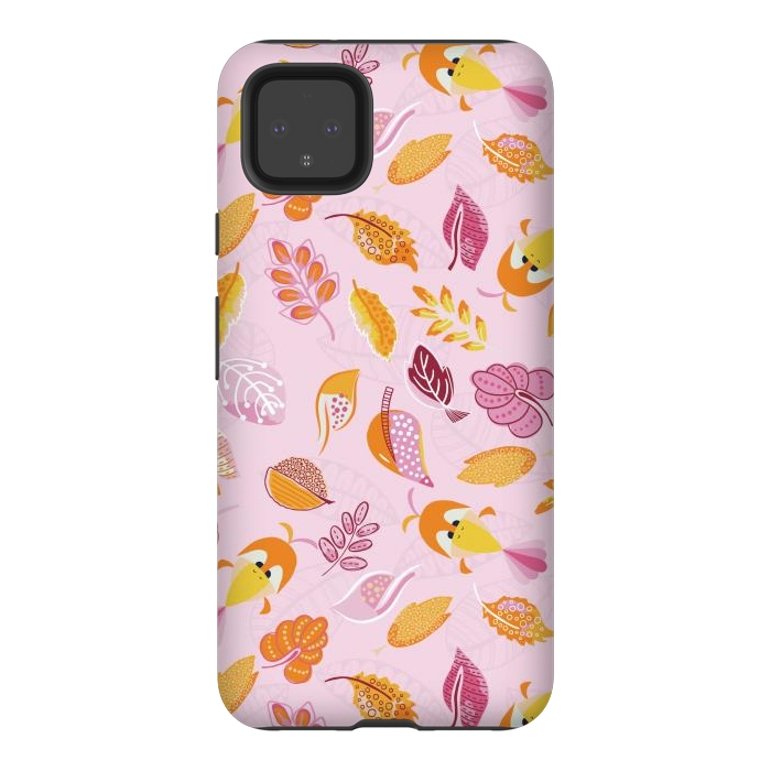 Pixel 4XL StrongFit Cute parrots in a fun tossed pattern with funky leaves in pink and orange by Paula Ohreen