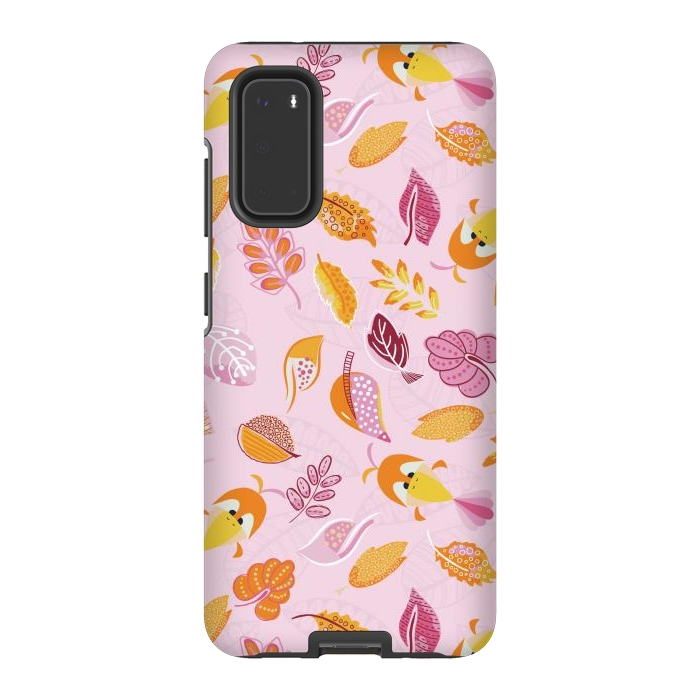 Galaxy S20 StrongFit Cute parrots in a fun tossed pattern with funky leaves in pink and orange by Paula Ohreen