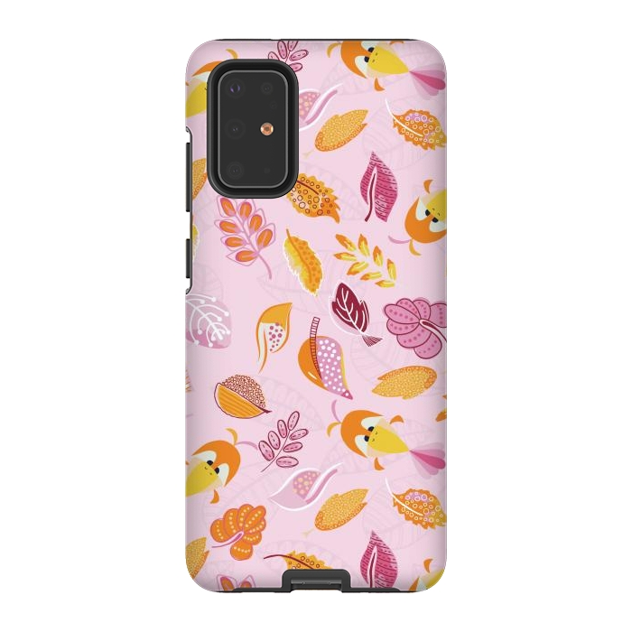 Galaxy S20 Plus StrongFit Cute parrots in a fun tossed pattern with funky leaves in pink and orange by Paula Ohreen