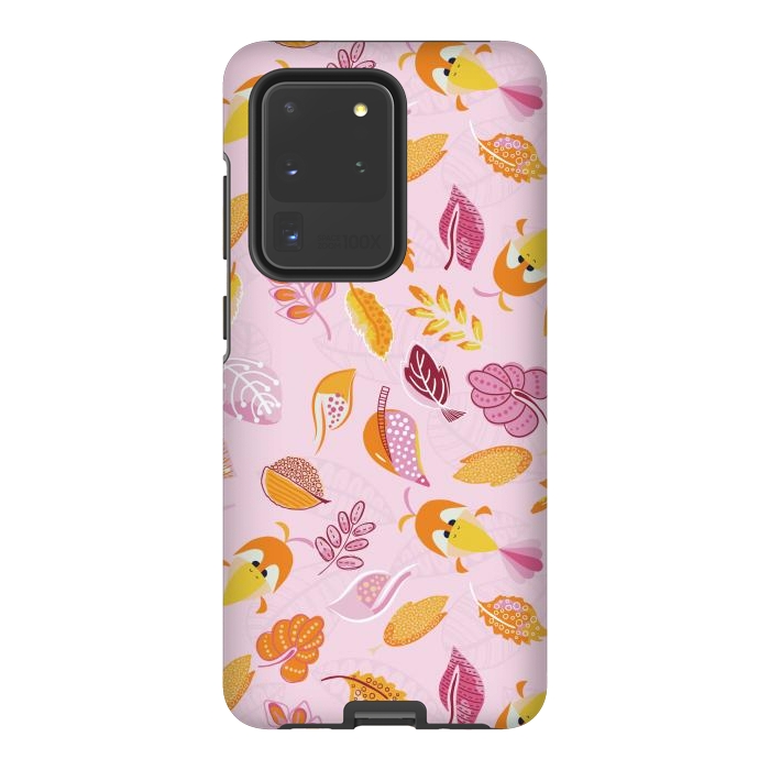 Galaxy S20 Ultra StrongFit Cute parrots in a fun tossed pattern with funky leaves in pink and orange by Paula Ohreen