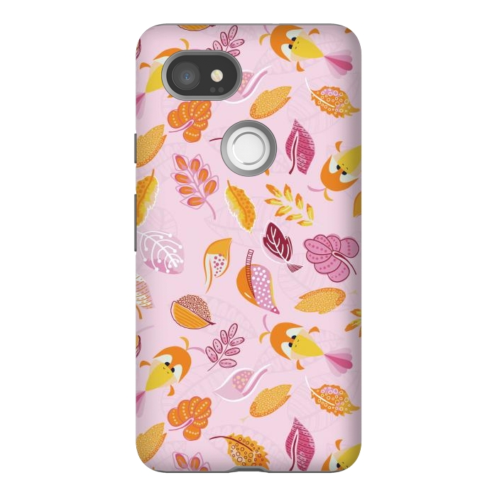 Pixel 2XL StrongFit Cute parrots in a fun tossed pattern with funky leaves in pink and orange by Paula Ohreen