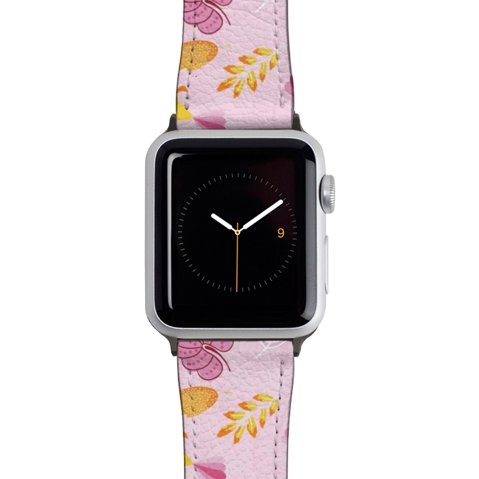 Watch 42mm / 44mm Strap PU leather Cute parrots in a fun tossed pattern with funky leaves in pink and orange by Paula Ohreen