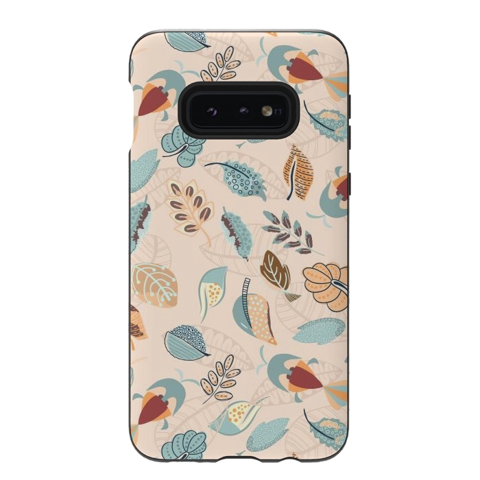 Galaxy S10e StrongFit Cute parrots in a fun tossed pattern with funky leaves in blue and red by Paula Ohreen