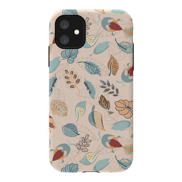 iPhone 11 StrongFit Cute parrots in a fun tossed pattern with funky leaves in blue and red by Paula Ohreen