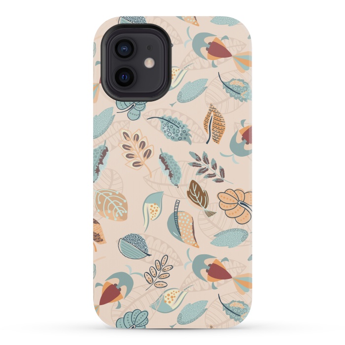 iPhone 12 mini StrongFit Cute parrots in a fun tossed pattern with funky leaves in blue and red by Paula Ohreen