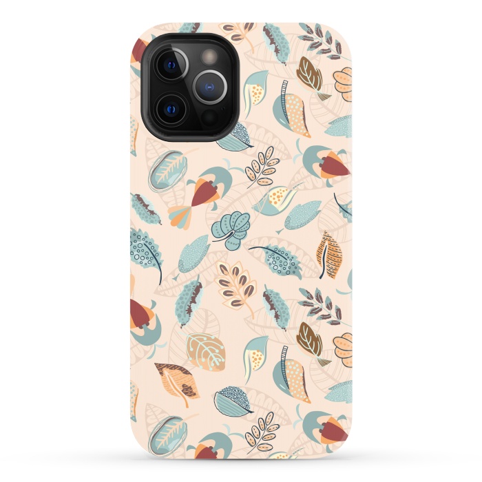 iPhone 12 Pro Max StrongFit Cute parrots in a fun tossed pattern with funky leaves in blue and red by Paula Ohreen