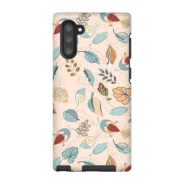 Galaxy Note 10 StrongFit Cute parrots in a fun tossed pattern with funky leaves in blue and red by Paula Ohreen
