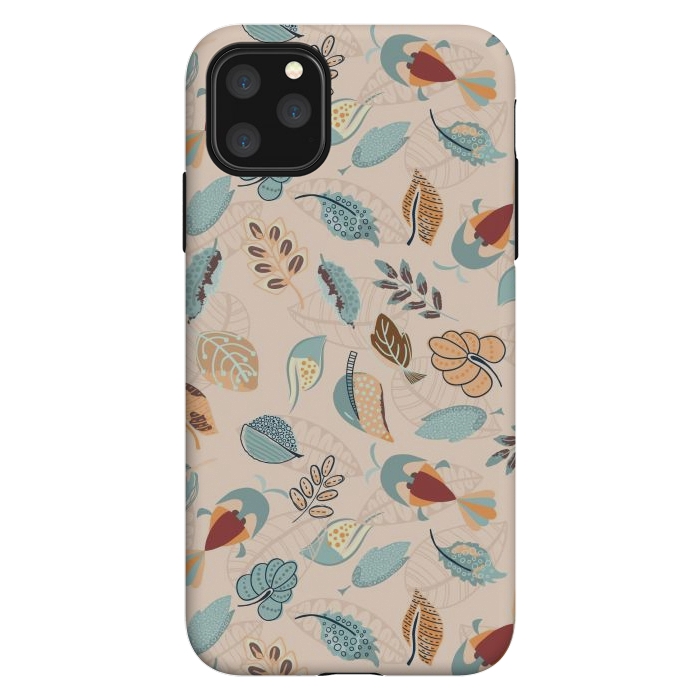 iPhone 11 Pro Max StrongFit Cute parrots in a fun tossed pattern with funky leaves in blue and red by Paula Ohreen