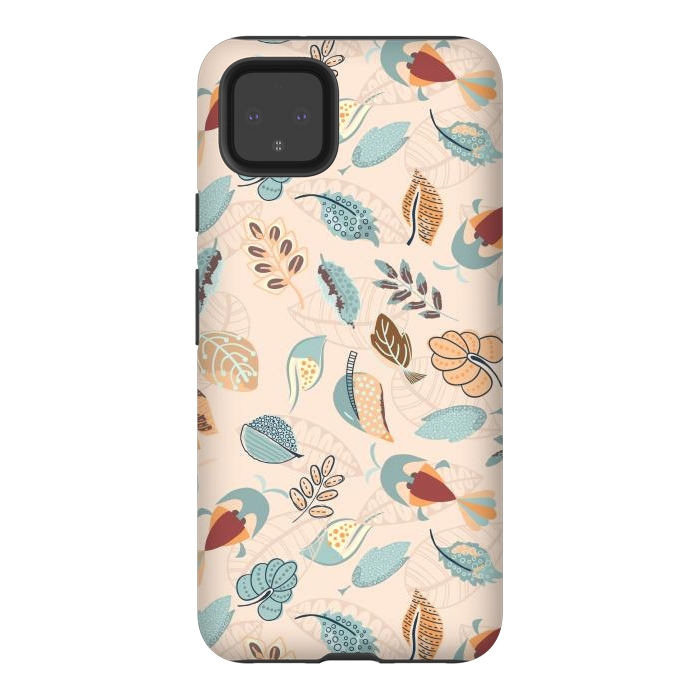 Pixel 4XL StrongFit Cute parrots in a fun tossed pattern with funky leaves in blue and red by Paula Ohreen