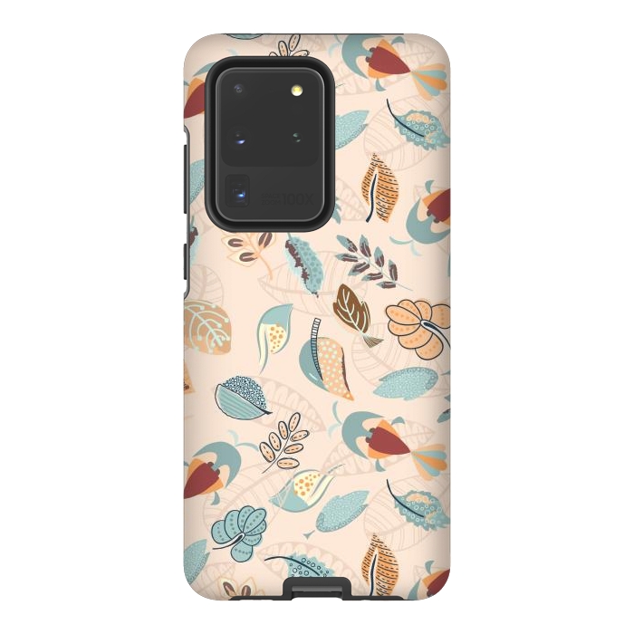 Galaxy S20 Ultra StrongFit Cute parrots in a fun tossed pattern with funky leaves in blue and red by Paula Ohreen