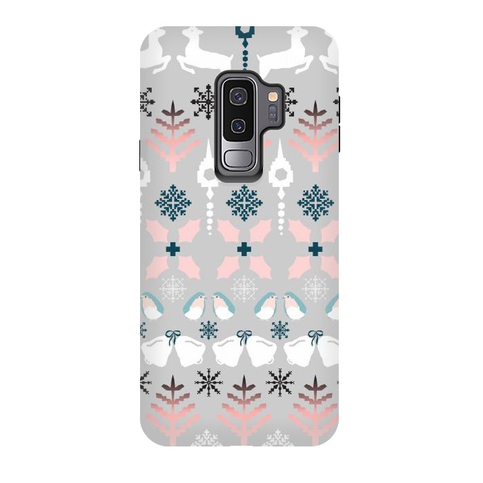 Galaxy S9 plus StrongFit Christmas Fair Isle in Grey, Pink and Blue by Paula Ohreen