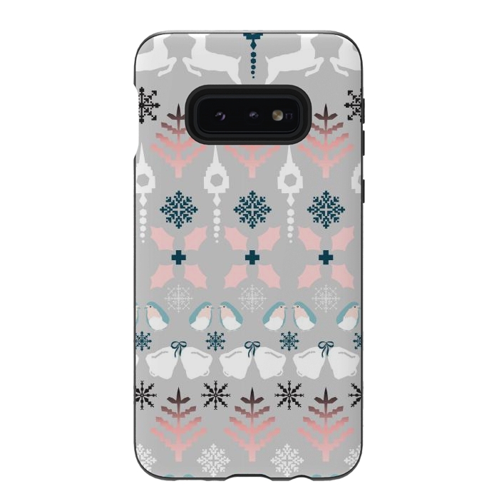 Galaxy S10e StrongFit Christmas Fair Isle in Grey, Pink and Blue by Paula Ohreen
