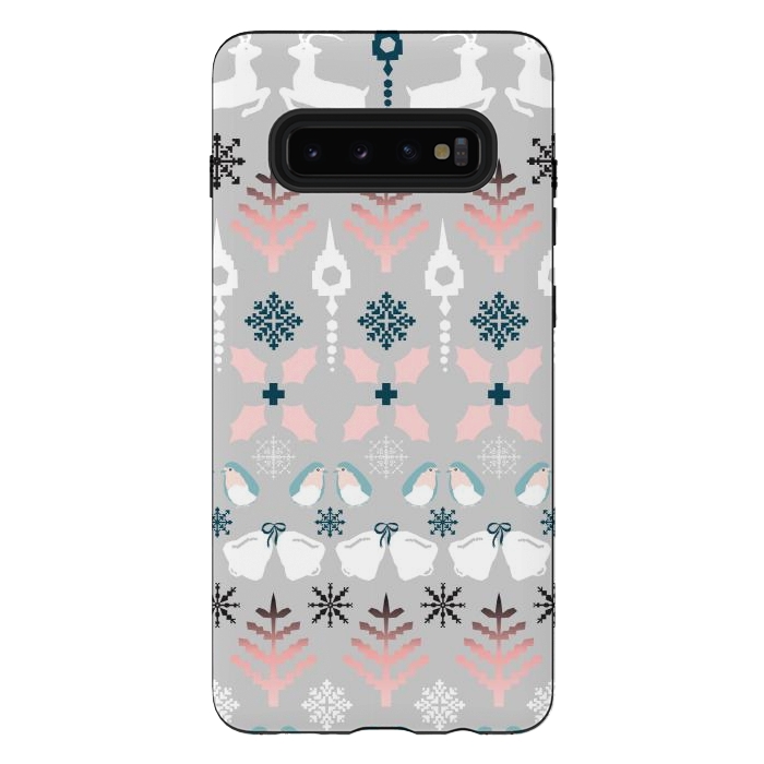 Galaxy S10 plus StrongFit Christmas Fair Isle in Grey, Pink and Blue by Paula Ohreen
