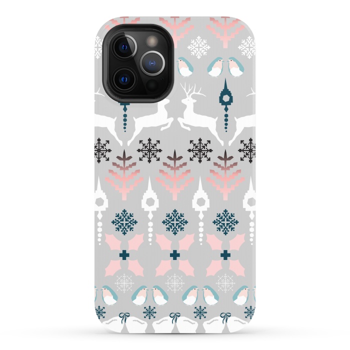 iPhone 12 Pro Max StrongFit Christmas Fair Isle in Grey, Pink and Blue by Paula Ohreen